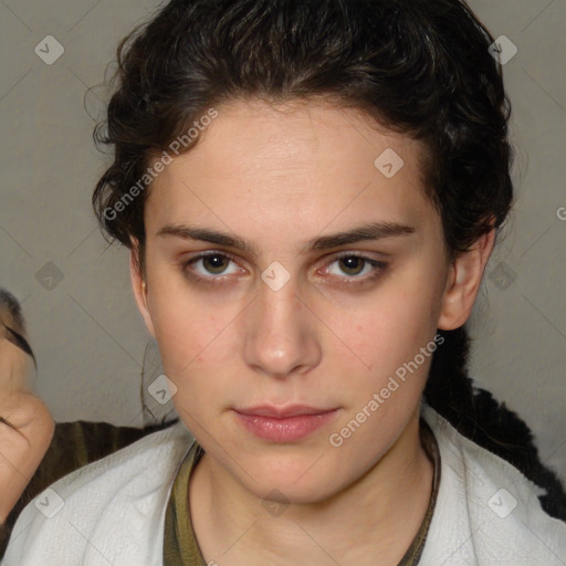 Neutral white young-adult female with medium  brown hair and brown eyes