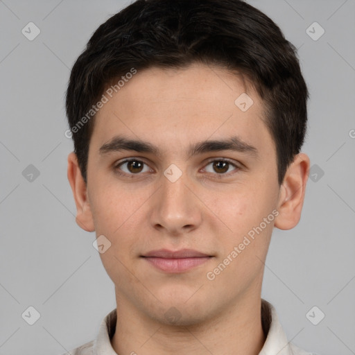 Neutral white young-adult male with short  brown hair and brown eyes