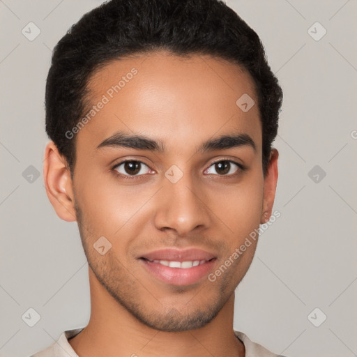 Joyful latino young-adult male with short  brown hair and brown eyes