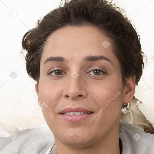 Joyful white young-adult female with short  brown hair and grey eyes