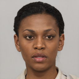 Neutral black young-adult female with short  brown hair and brown eyes