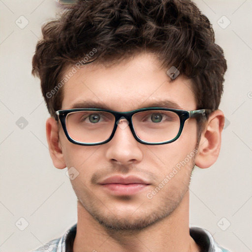 Neutral white young-adult male with short  brown hair and grey eyes