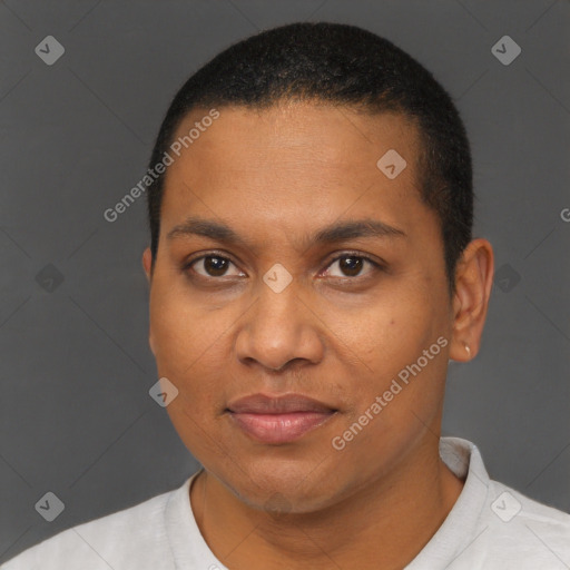 Joyful black adult female with short  black hair and brown eyes
