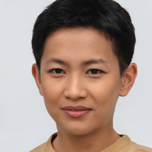 Joyful asian young-adult female with short  brown hair and brown eyes