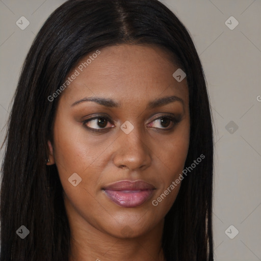 Joyful asian young-adult female with long  brown hair and brown eyes