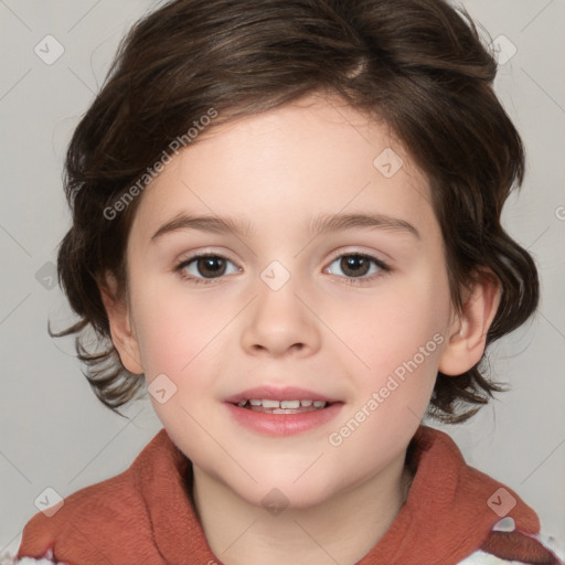 Joyful white child female with medium  brown hair and brown eyes