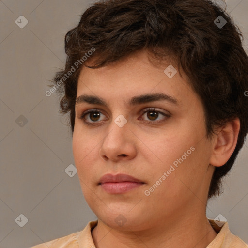 Neutral white young-adult female with medium  brown hair and brown eyes