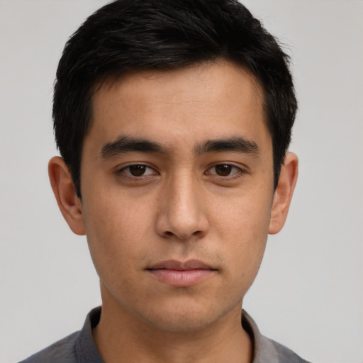 Neutral asian young-adult male with short  brown hair and brown eyes