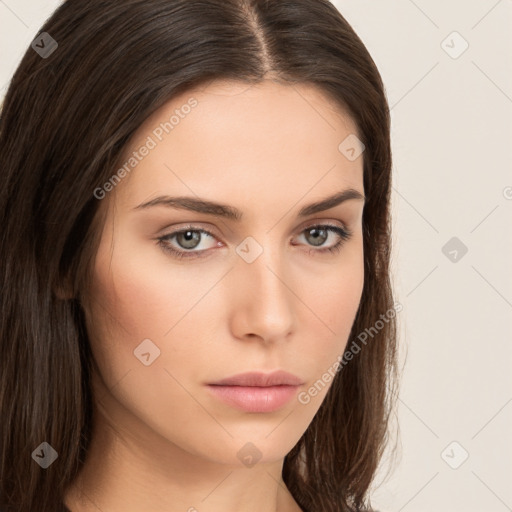 Neutral white young-adult female with long  brown hair and brown eyes