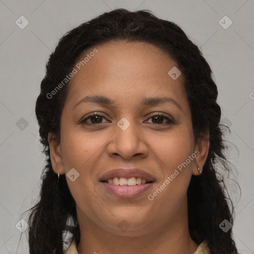 Joyful latino young-adult female with long  brown hair and brown eyes