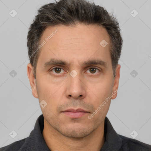 Neutral white adult male with short  brown hair and brown eyes