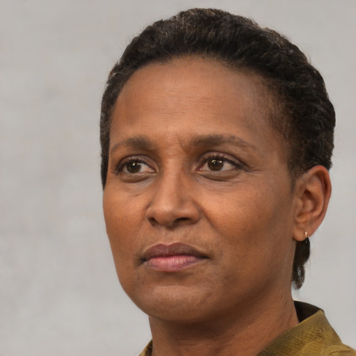 Neutral black adult female with short  brown hair and brown eyes