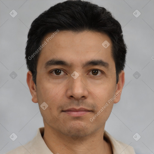 Neutral asian young-adult male with short  black hair and brown eyes