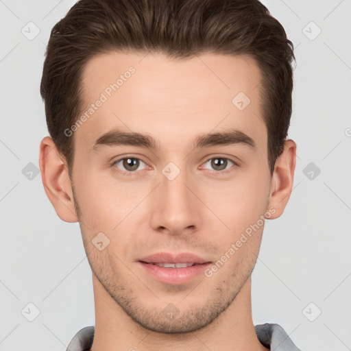 Neutral white young-adult male with short  brown hair and brown eyes