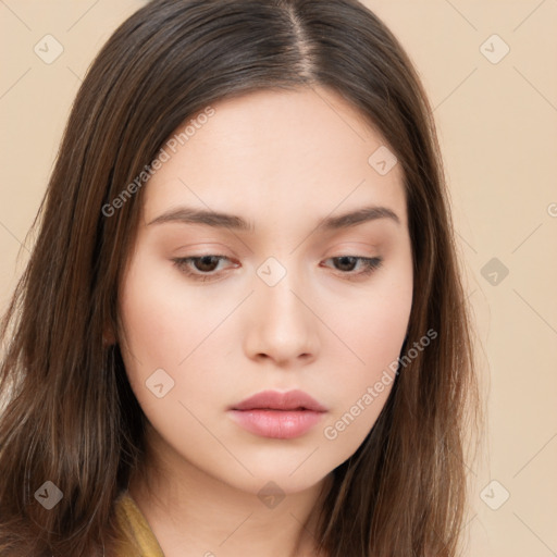 Neutral white young-adult female with long  brown hair and brown eyes