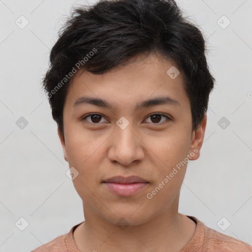 Joyful latino young-adult male with short  brown hair and brown eyes