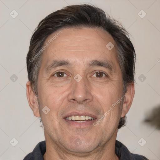 Joyful white adult male with short  brown hair and brown eyes