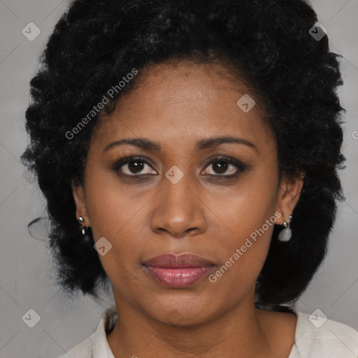 Joyful black young-adult female with medium  black hair and brown eyes