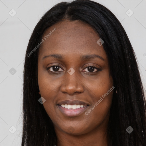 Joyful asian young-adult female with long  black hair and brown eyes