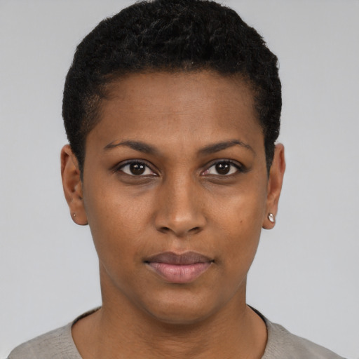 Neutral black young-adult female with short  black hair and brown eyes