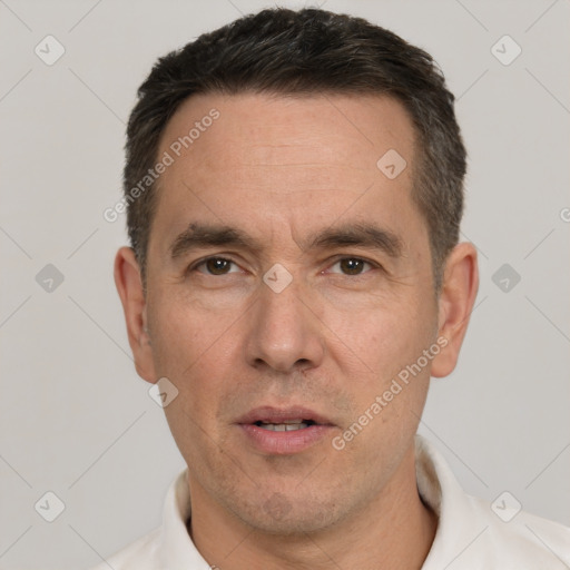 Neutral white adult male with short  brown hair and brown eyes