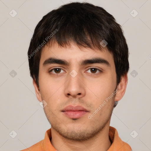 Neutral white young-adult male with short  brown hair and brown eyes