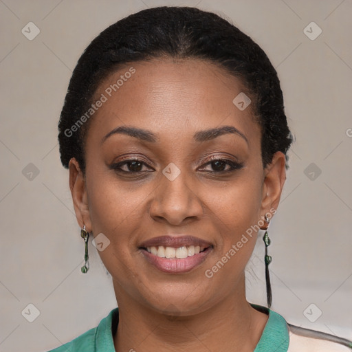 Joyful latino young-adult female with short  brown hair and brown eyes