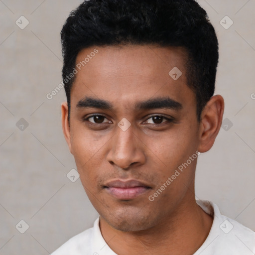 Neutral latino young-adult male with short  black hair and brown eyes