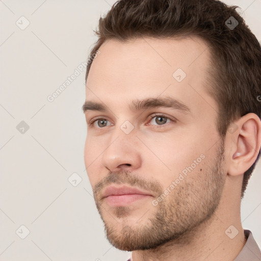 Neutral white young-adult male with short  brown hair and brown eyes