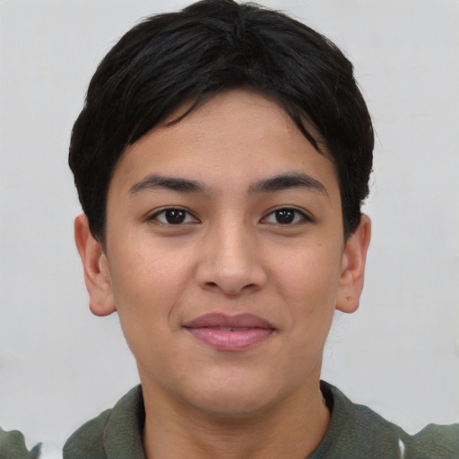 Joyful asian young-adult female with short  black hair and brown eyes