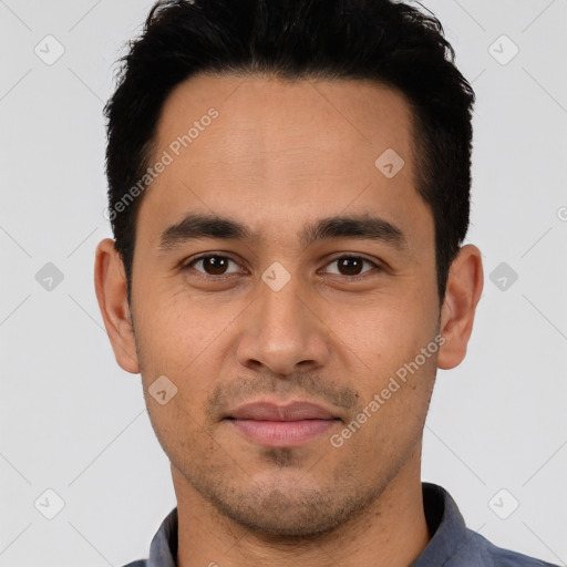 Neutral latino young-adult male with short  black hair and brown eyes