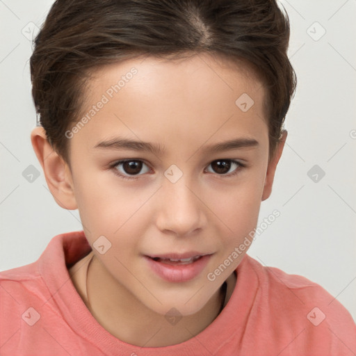 Joyful white child female with short  brown hair and brown eyes