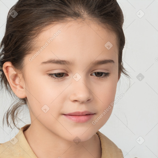 Joyful white child female with medium  brown hair and brown eyes