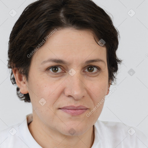 Joyful white adult female with short  brown hair and brown eyes