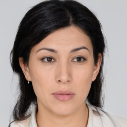 Neutral asian young-adult female with medium  black hair and brown eyes