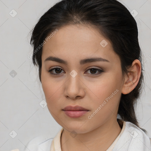 Neutral asian young-adult female with medium  brown hair and brown eyes