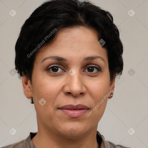 Joyful white adult female with short  brown hair and brown eyes