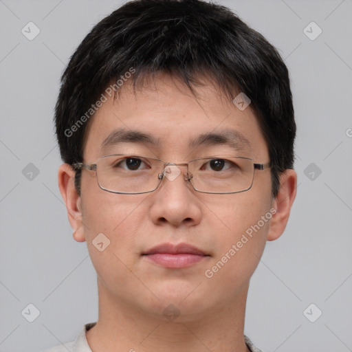 Neutral asian young-adult male with short  brown hair and brown eyes