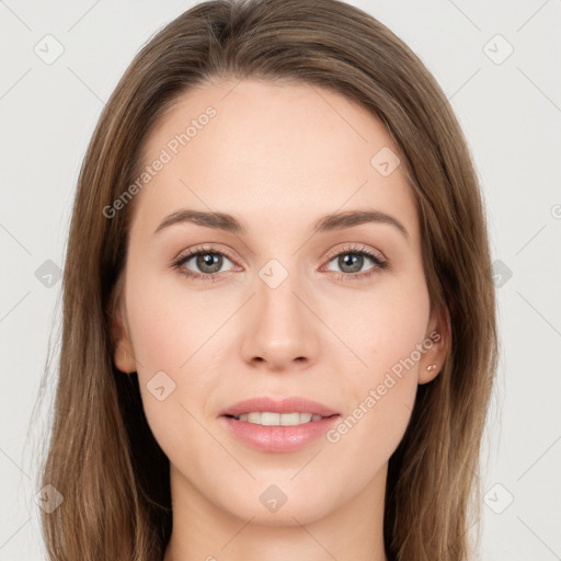 Joyful white young-adult female with long  brown hair and grey eyes