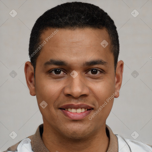 Joyful latino young-adult male with short  black hair and brown eyes