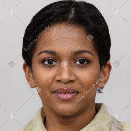 Joyful black young-adult female with short  black hair and brown eyes