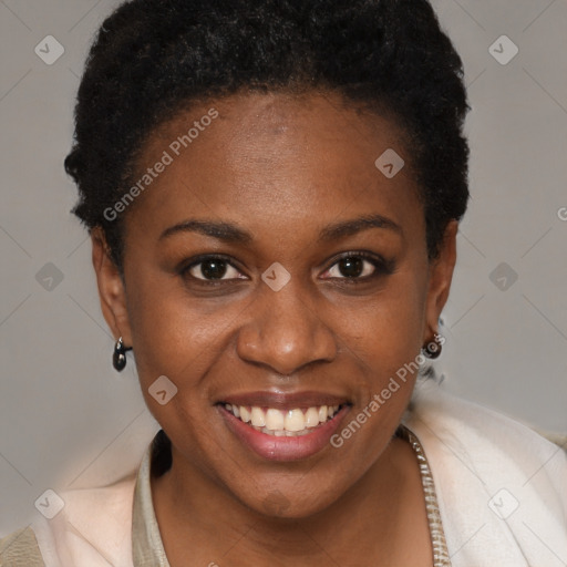 Joyful black young-adult female with short  brown hair and brown eyes