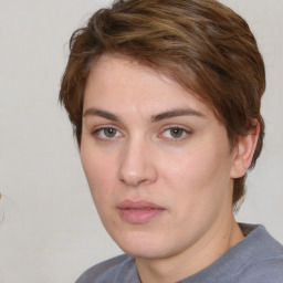 Neutral white young-adult female with short  brown hair and brown eyes