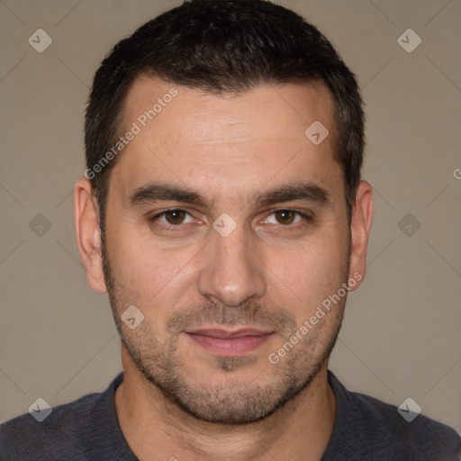 Joyful white young-adult male with short  brown hair and brown eyes