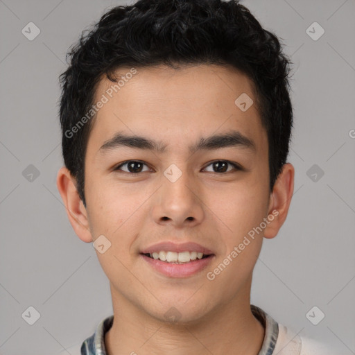 Joyful latino young-adult male with short  brown hair and brown eyes