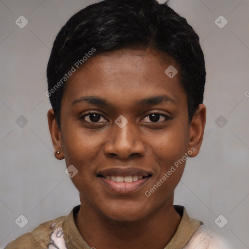 Joyful latino young-adult female with short  black hair and brown eyes