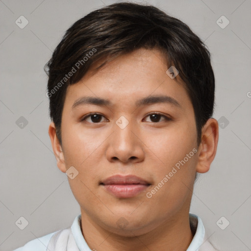 Joyful asian young-adult female with short  brown hair and brown eyes