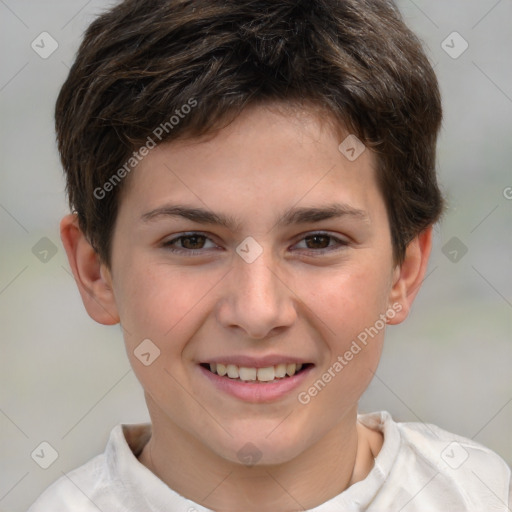 Joyful white child male with short  brown hair and brown eyes