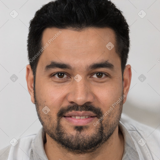 Joyful latino young-adult male with short  black hair and brown eyes