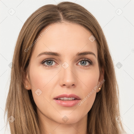 Neutral white young-adult female with long  brown hair and brown eyes